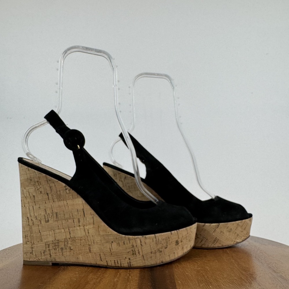 Womens Veronica Beard Dali Black Leather Peep Toe Slingback‎ Wedge Sandals Sz 10